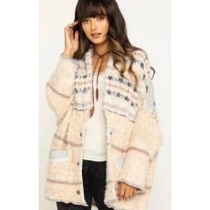 Free People Fair Weather Soft Fuzzy Drapey Stretch Knit Printed Cardigan XS